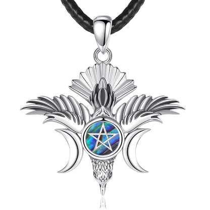 Sterling silver Triple Moon Goddess pentacle necklace with iridescent abalone inlay on a black leather chain.