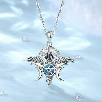 Stunning 925 sterling silver Pentacle Triple Moon Goddess necklace with iridescent abalone inlay.