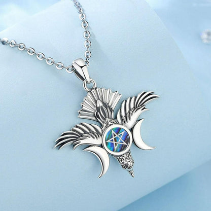 Sterling silver Pentacle Triple Moon Goddess necklace with iridescent abalone inlay.