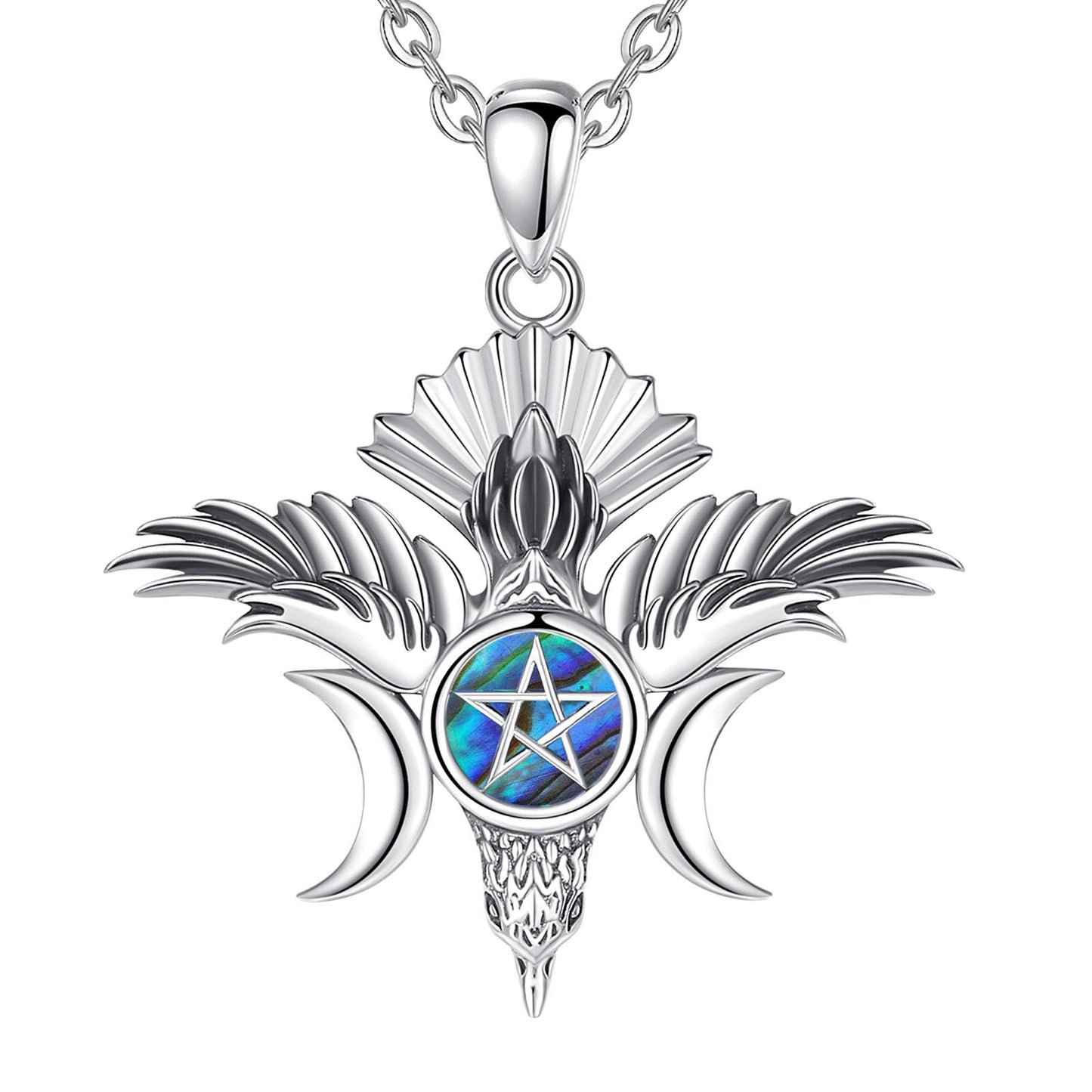 Sterling silver Pentacle Triple Moon Goddess necklace with iridescent abalone shell inlay.