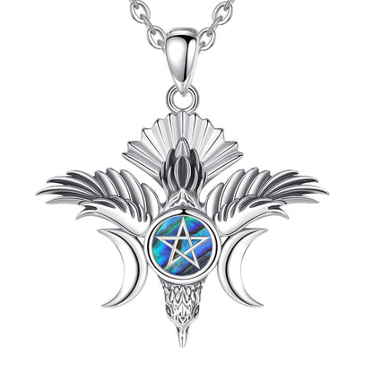 Sterling silver Pentacle Triple Moon Goddess necklace with iridescent abalone shell inlay.