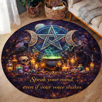Round pagan rug with a glowing pentacle, triple moon, raven, black cat, cauldron, and candles.