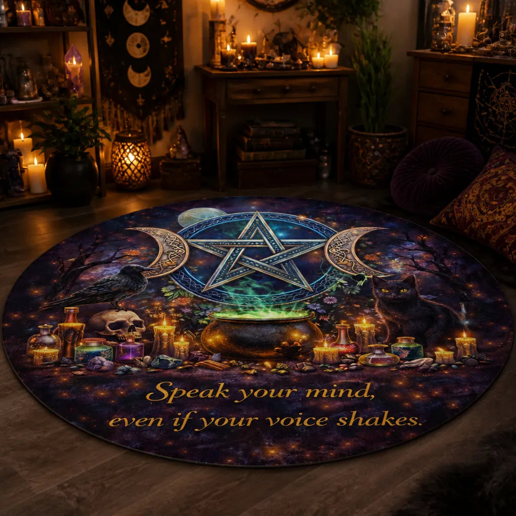 Pentacle Triple Moon Pagan Round Rug Wicca Raven and Cat Carpet for Witchy Home Decor_mockup_1.webp