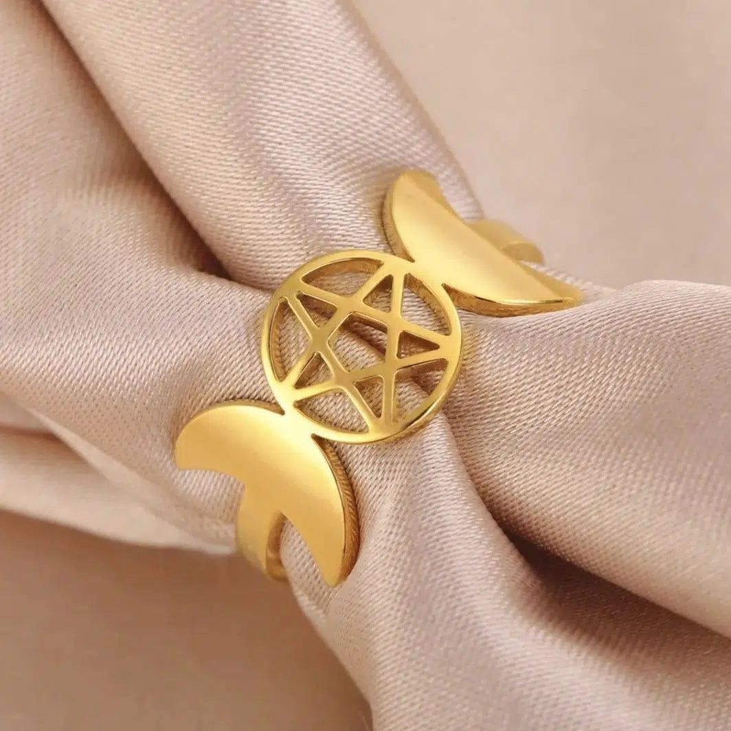 Gold stainless steel Triple Moon Goddess ring with a central pentagram.