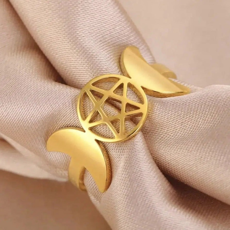 Pentacle Triple Moon Ring Wiccan Jewelry-MoonChildWorld