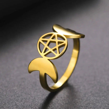 Exquisite gold stainless steel Triple Moon Goddess ring with a detailed pentagram.