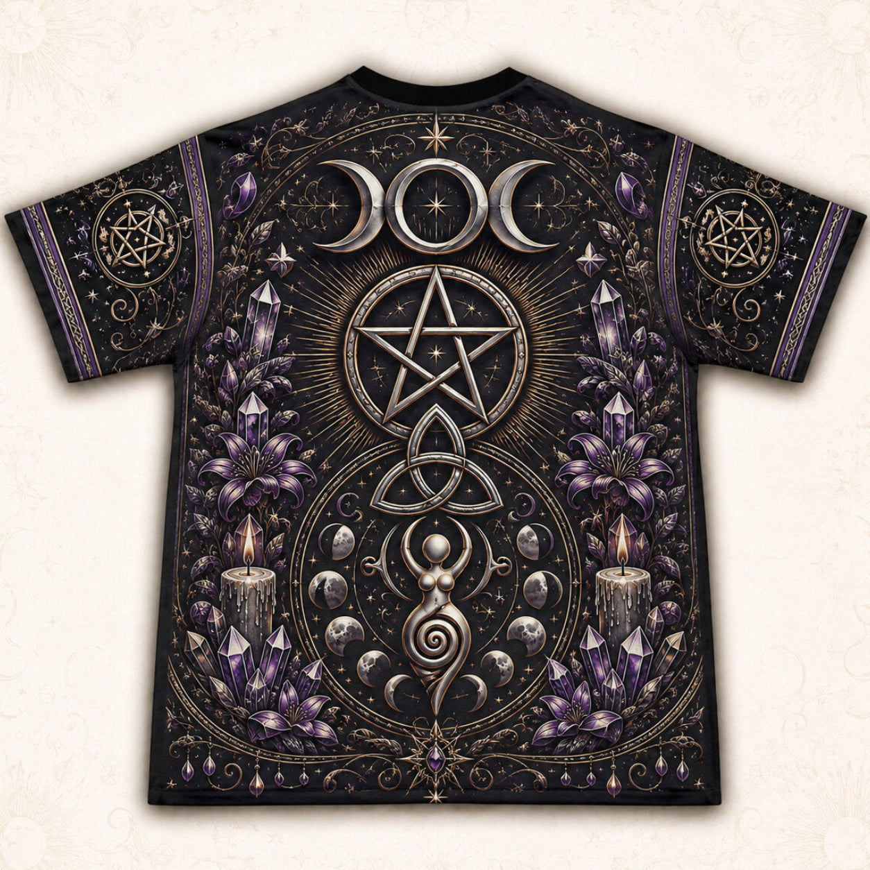 Pentacle Triple Moon Spiral T-Shirt Amethyst Candle Wiccan Tee back view