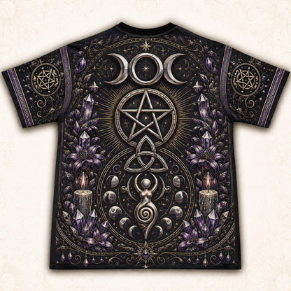 Pentacle Triple Moon Spiral T-Shirt Amethyst Candle Wiccan Tee back view