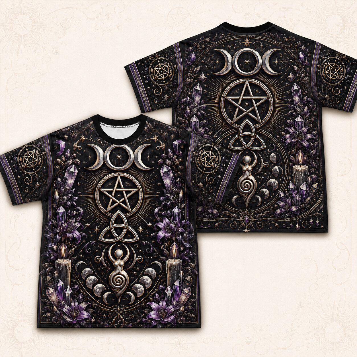 Pentacle Triple Moon Spiral T-Shirt Amethyst Candle Wiccan Tee front and back together