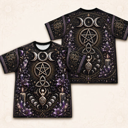 Pentacle Triple Moon Spiral T-Shirt Amethyst Candle Wiccan Tee front and back together