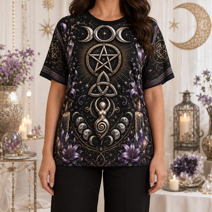 Pentacle Triple Moon Spiral T-Shirt Amethyst Candle Wiccan Tee worn, front view