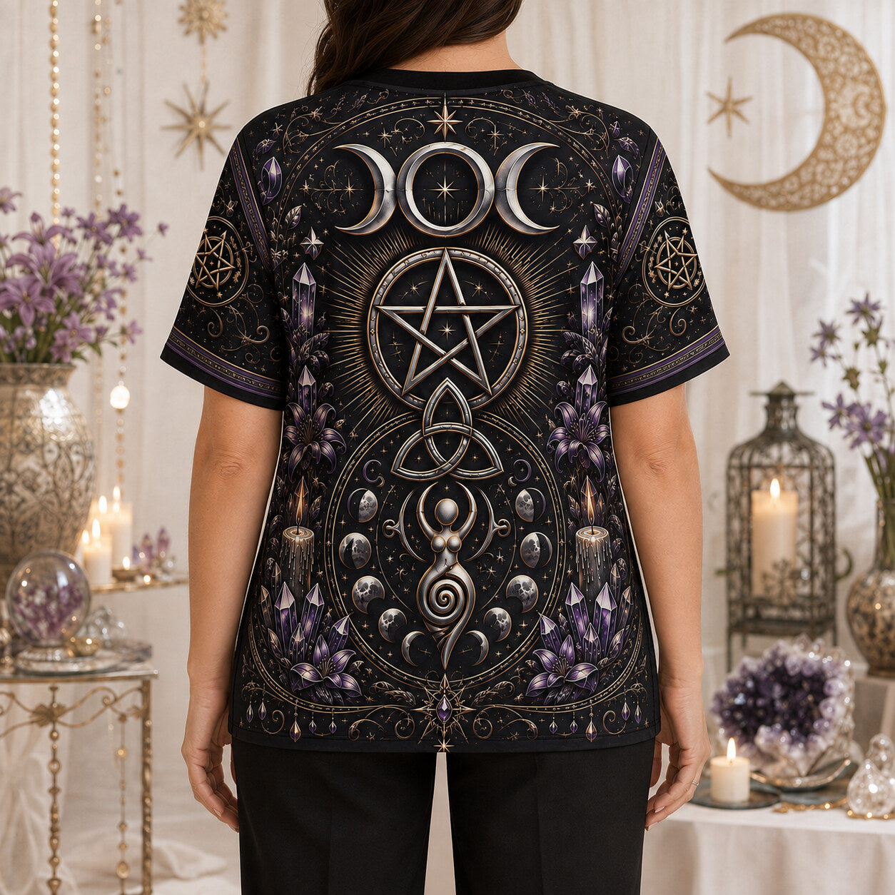 Pentacle Triple Moon Spiral T-Shirt Amethyst Candle Wiccan Tee worn, back view
