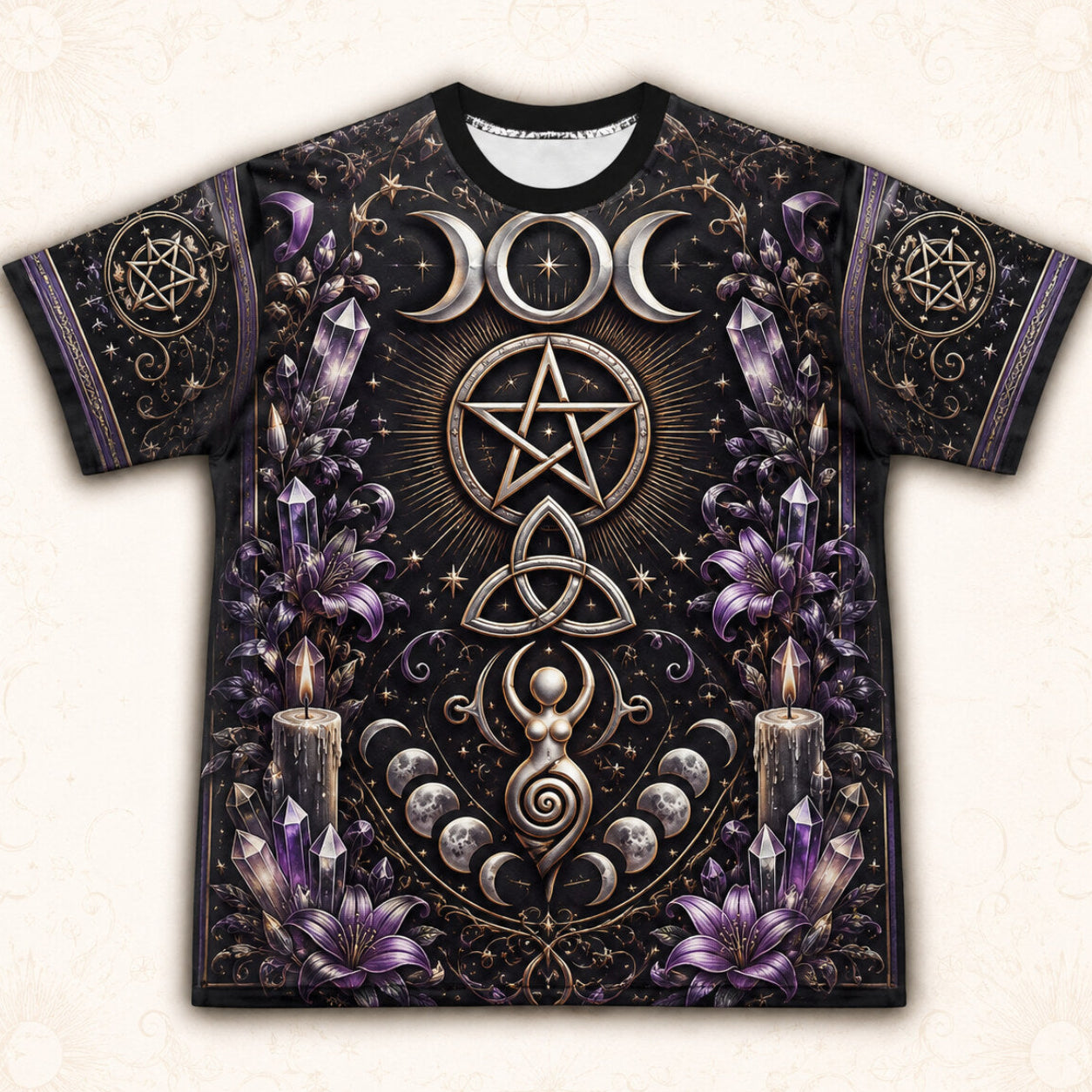 Pentacle Triple Moon Spiral T-Shirt Amethyst Candle Wiccan Tee front view