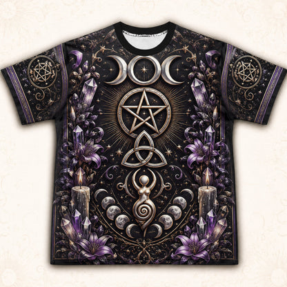 Pentacle Triple Moon Spiral T-Shirt Amethyst Candle Wiccan Tee front view