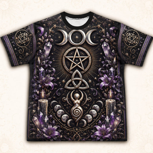 Pentacle Triple Moon Spiral T-Shirt Amethyst Candle Wiccan Tee front view