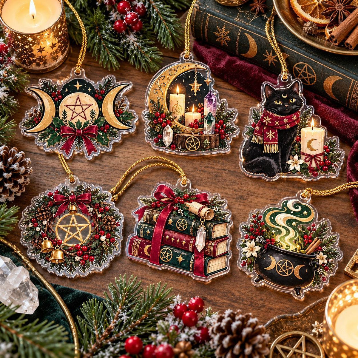 Pentacle Triple Moon Wiccan Acrylic Ornament Set – Yule Christmas Decor – set of 6, another view
