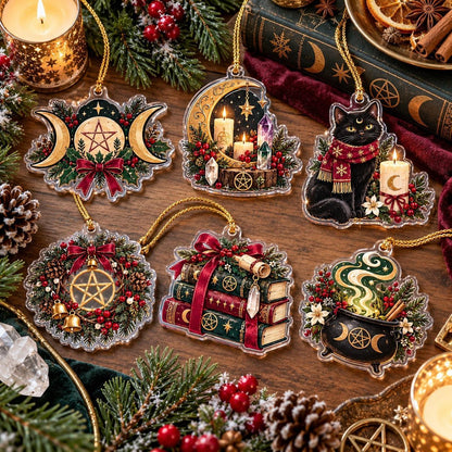 Pentacle Triple Moon Wiccan Acrylic Ornament Set – Yule Christmas Decor – set of 6, another view
