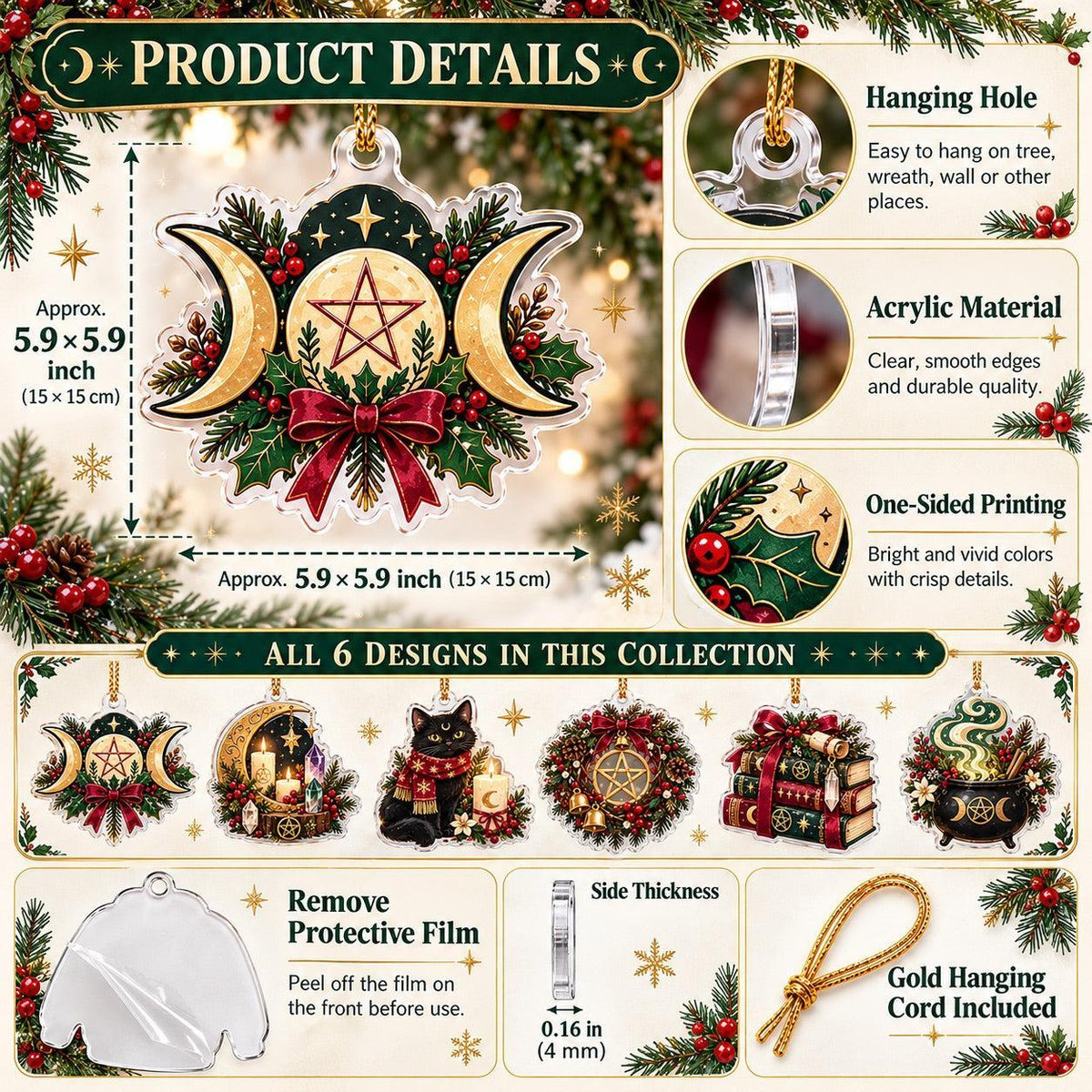 Pentacle Triple Moon Wiccan Acrylic Ornament Set – Yule Christmas Decor – ornament size and details