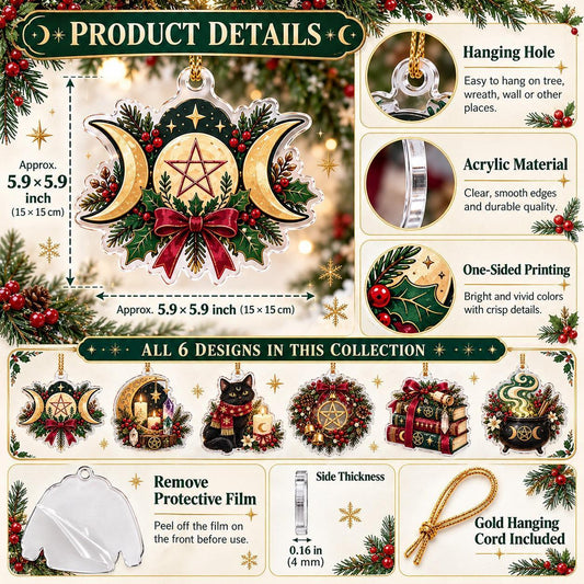 Pentacle Triple Moon Wiccan Acrylic Ornament Set – Yule Christmas Decor – ornament size and details