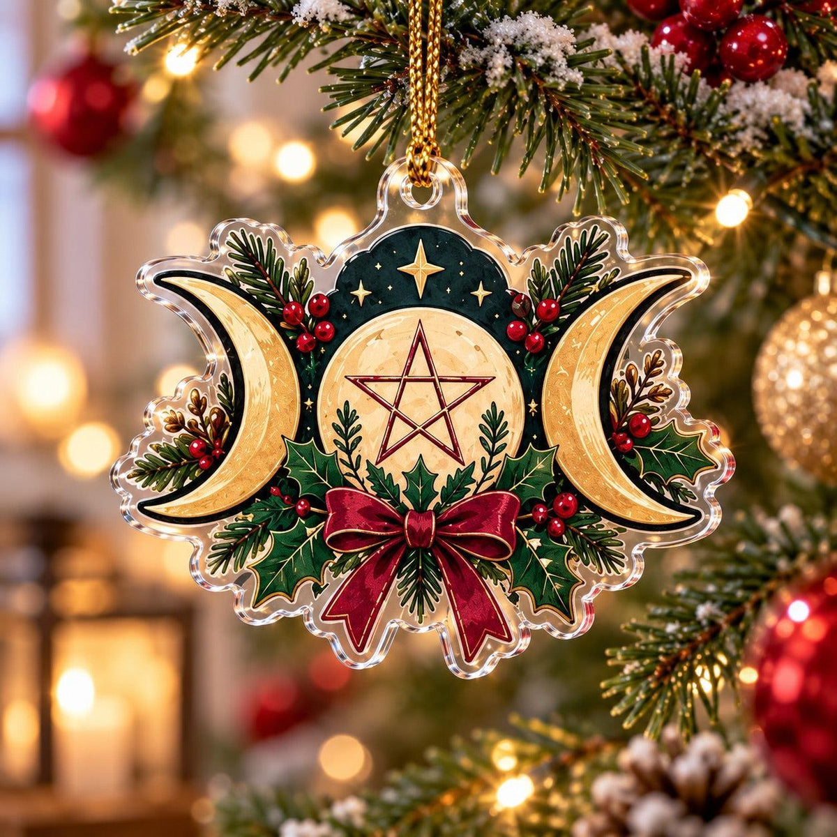 Pentacle Triple Moon Wiccan Acrylic Ornament Set – Yule Christmas Decor – Triple Moon Pentacle ornament