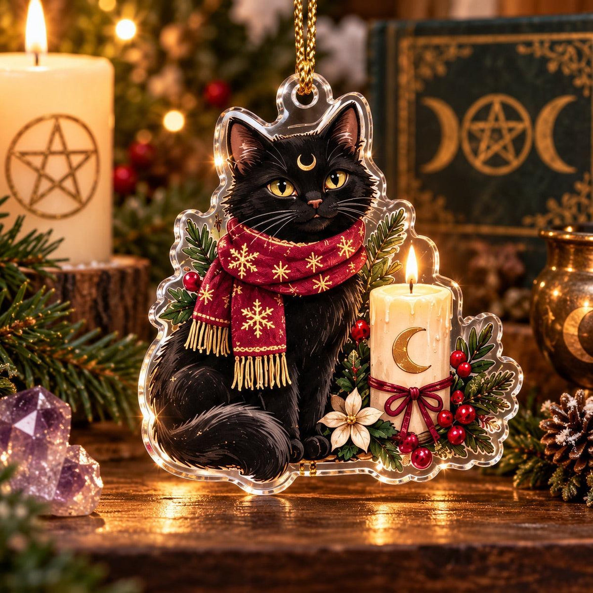 Pentacle Triple Moon Wiccan Acrylic Ornament Set – Yule Christmas Decor – Scarf Black Cat ornament