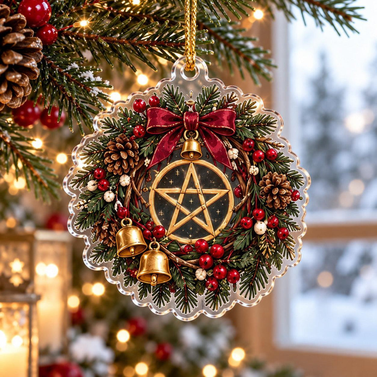 Pentacle Triple Moon Wiccan Acrylic Ornament Set – Yule Christmas Decor – Pentacle Wreath ornament