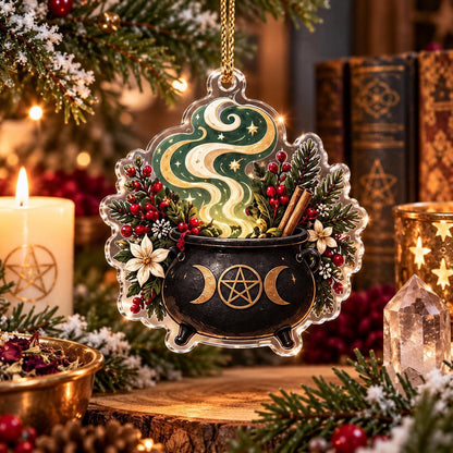 Pentacle Triple Moon Wiccan Acrylic Ornament Set – Yule Christmas Decor – Triple Moon Cauldron ornament