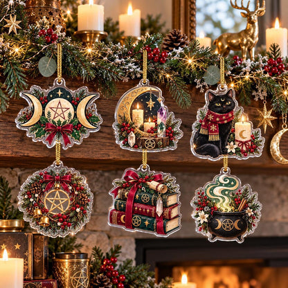 Pentacle Triple Moon Wiccan Acrylic Ornament Set – Yule Christmas Decor – set of 6, another view