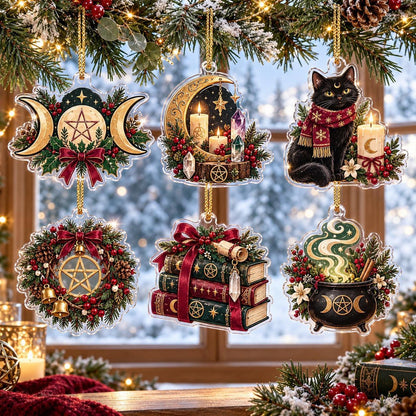 Pentacle Triple Moon Wiccan Acrylic Ornament Set – Yule Christmas Decor – set of 6 acrylic ornaments