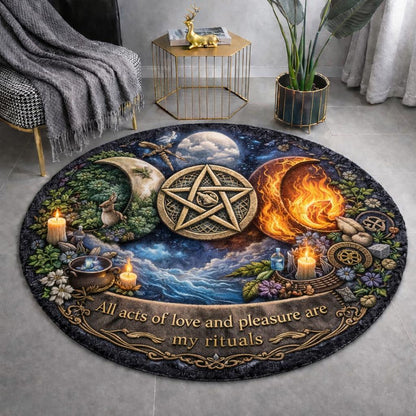 Round Wiccan rug with Triple Moon, Pentacle, nature, fire, and "All acts of love and pleasure are my rituals" text.