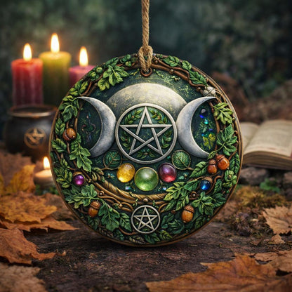 Green ceramic Pentacle Triple Moon Yule ornament with colorful gems, acorns, and leaves.