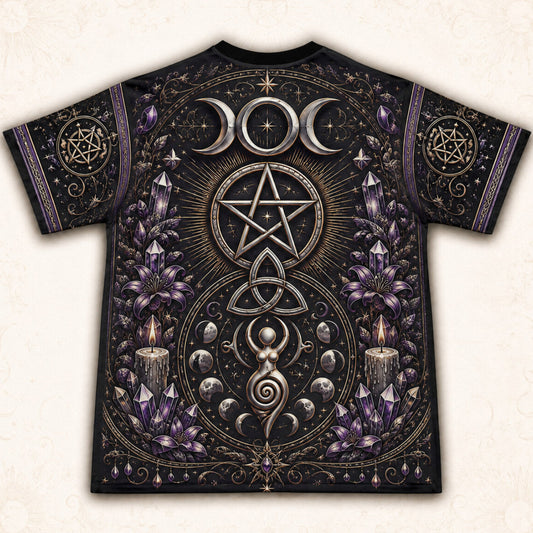 Pentacle Triple Moon Spiral T-Shirt Amethyst Candle Wiccan Tee back view