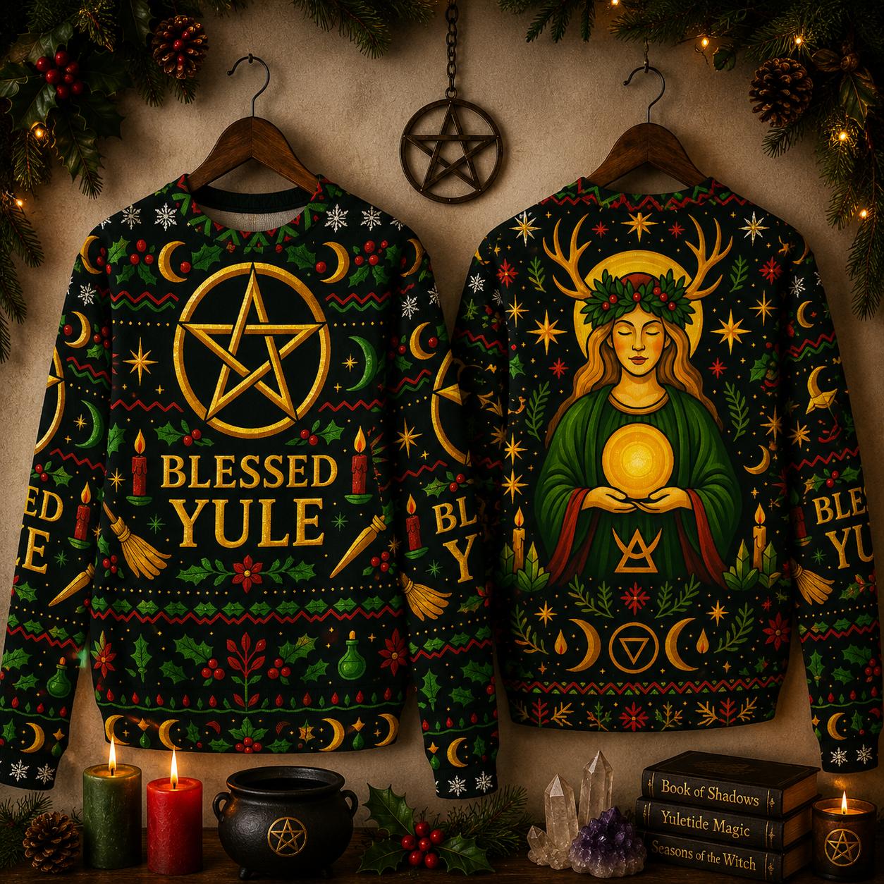 Pentacle Wicca Christmas Sweatshirt Blessed Yule Goddess Pagan Sweater-MoonChildWorld