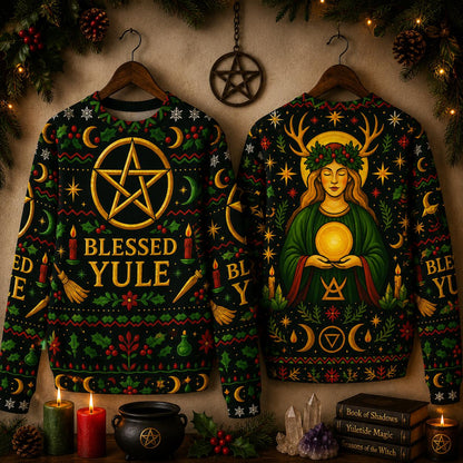 Pentacle Wicca Christmas Sweatshirt Blessed Yule Goddess Pagan Sweater-MoonChildWorld