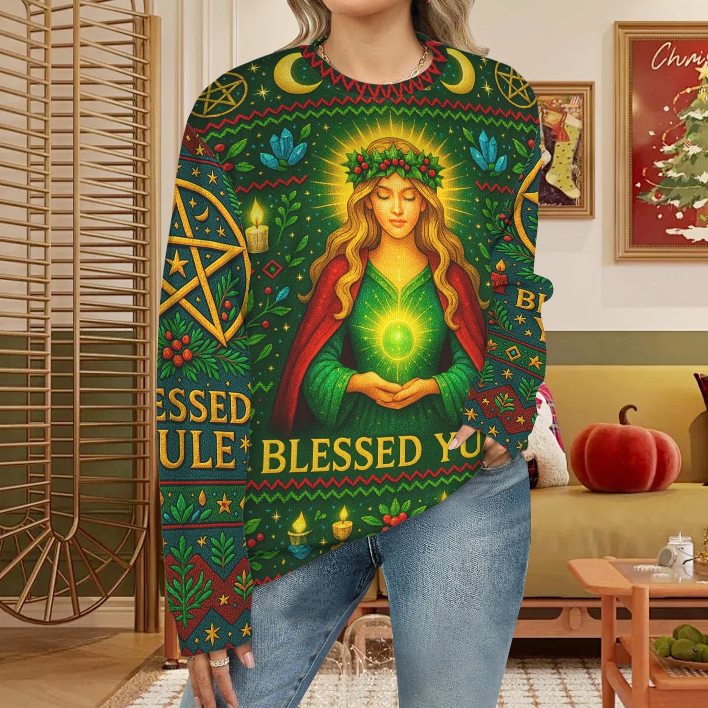 Pentacle Wicca Christmas Sweatshirt Blessed Yule Goddess Pagan Sweatshirt-MoonChildWorld