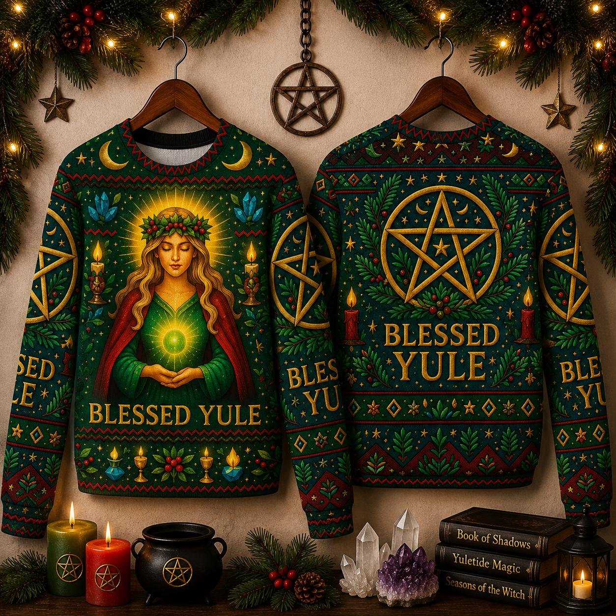 Pentacle Wicca Christmas Sweatshirt Blessed Yule Goddess Pagan Sweatshirt-MoonChildWorld