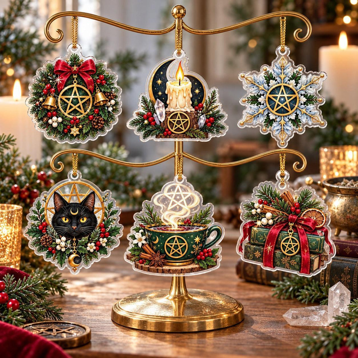 Pentacle Wiccan Acrylic Ornament Set – Witchy Yule Christmas Tree Decor – set of 6, another view