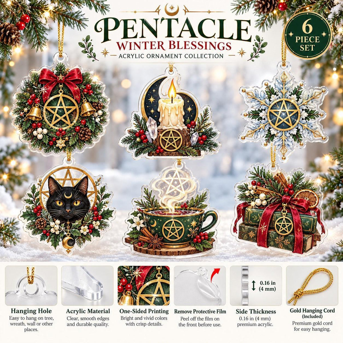 Pentacle Wiccan Acrylic Ornament Set – Witchy Yule Christmas Tree Decor – ornament size and details