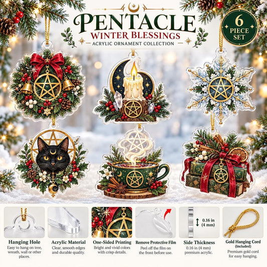 Pentacle Wiccan Acrylic Ornament Set – Witchy Yule Christmas Tree Decor – ornament size and details