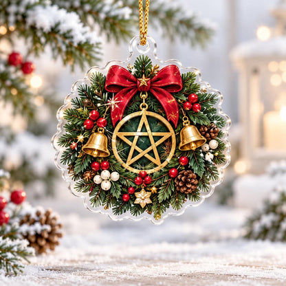 Pentacle Wiccan Acrylic Ornament Set – Witchy Yule Christmas Tree Decor – Holly Wreath Pentacle ornament