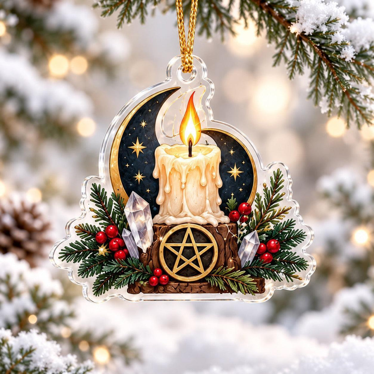 Pentacle Wiccan Acrylic Ornament Set – Witchy Yule Christmas Tree Decor – Candle Moon Pentacle ornament