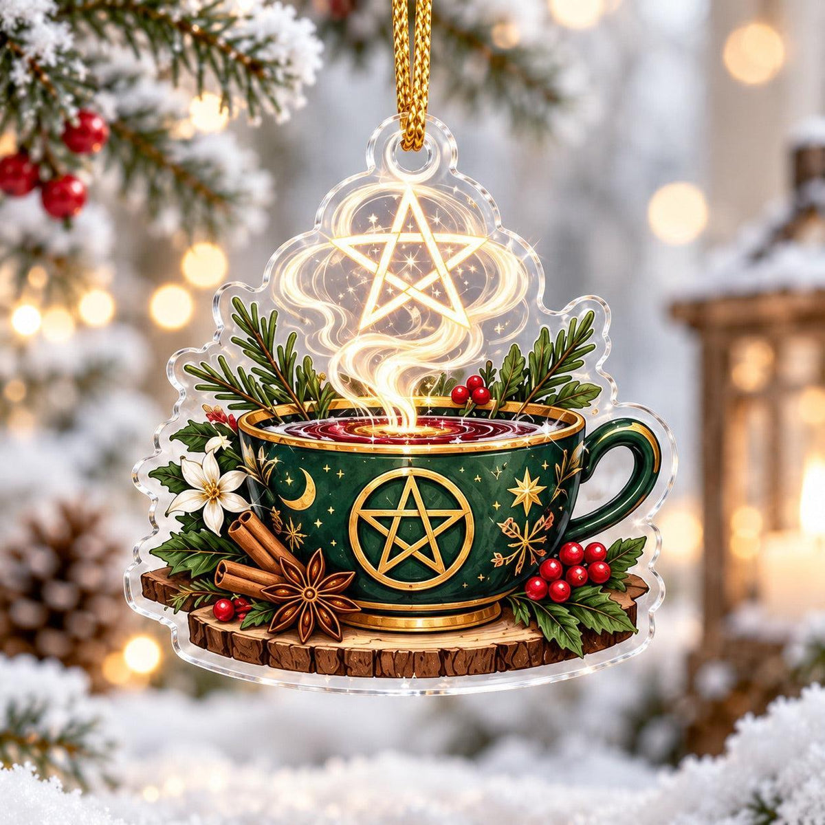 Pentacle Wiccan Acrylic Ornament Set – Witchy Yule Christmas Tree Decor – Teacup Pentacle ornament