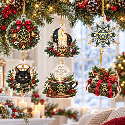 Pentacle Wiccan Acrylic Ornament Set – Witchy Yule Christmas Tree Decor – set of 6, another view