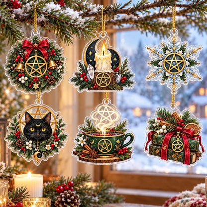 Pentacle Wiccan Acrylic Ornament Set – Witchy Yule Christmas Tree Decor – set of 6 acrylic ornaments