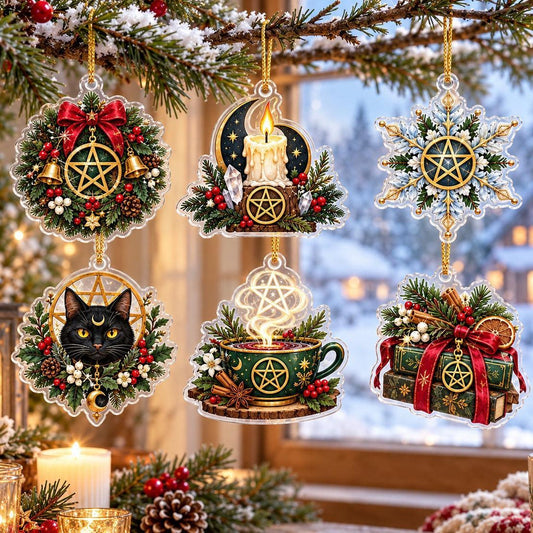 Pentacle Wiccan Acrylic Ornament Set – Witchy Yule Christmas Tree Decor – set of 6 acrylic ornaments