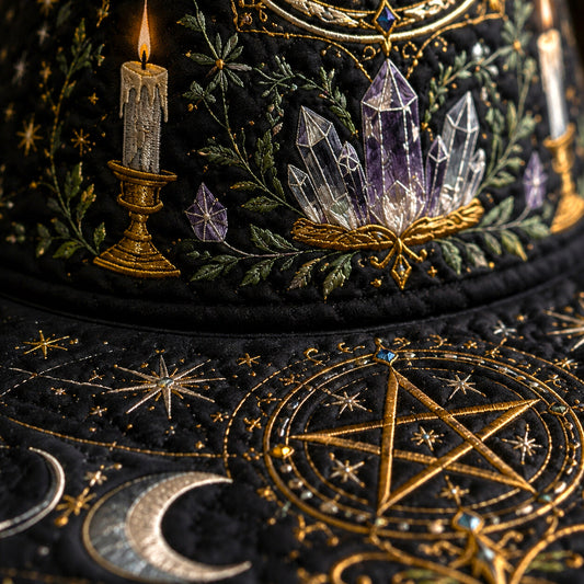 Pentacle Witch Hat – Moon Phase Wiccan Altar Protection Brim Hat – styled with candles and crystals