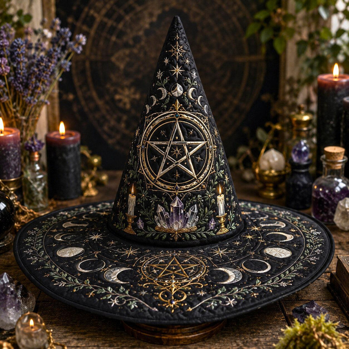 Pentacle Witch Hat – Moon Phase Wiccan Altar Protection Brim Hat – worn, front view