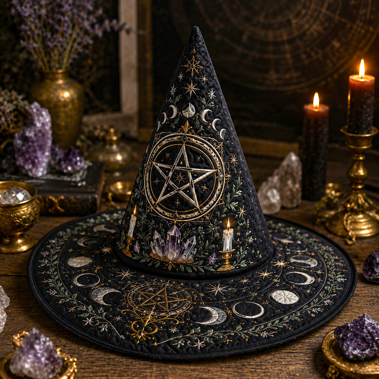 Pentacle Witch Hat – Moon Phase Wiccan Altar Protection Brim Hat – on an altar table