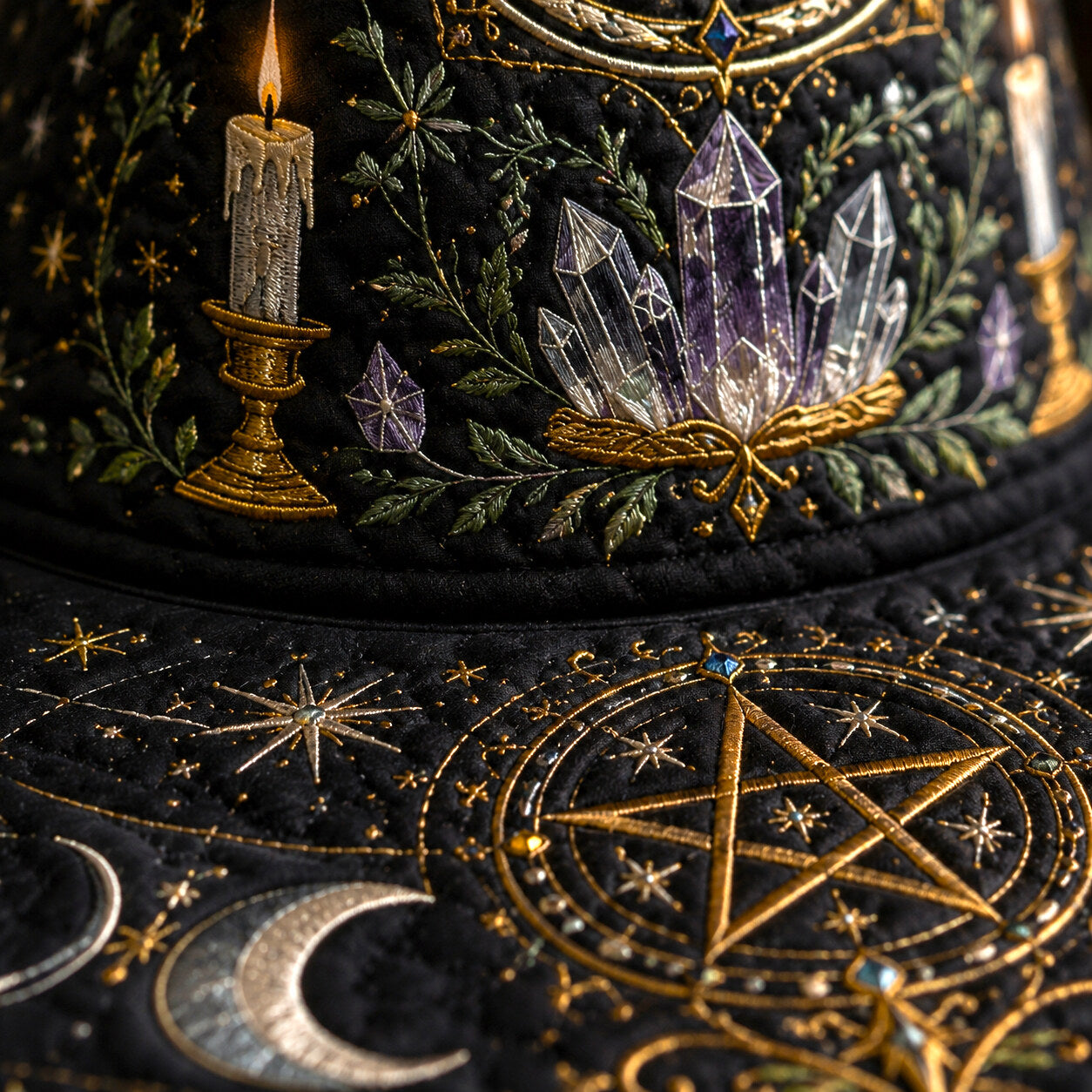 Pentacle Witch Hat – Moon Phase Wiccan Altar Protection Brim Hat – styled with candles and crystals