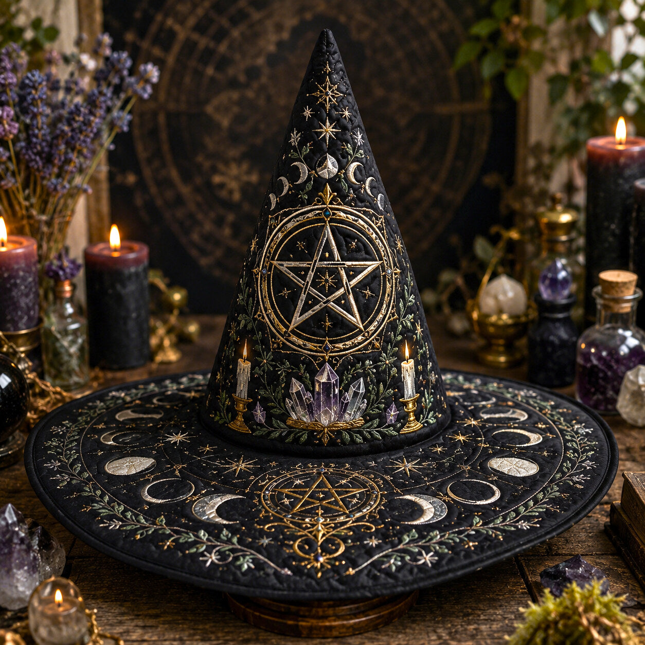 Pentacle Witch Hat – Moon Phase Wiccan Altar Protection Brim Hat – worn, front view
